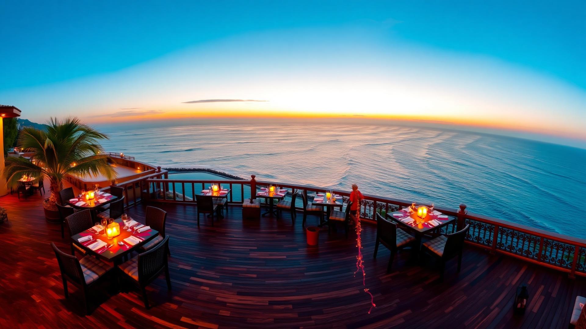 Terrasse vue mer du restaurant Ocean Breeze au coucher du soleil